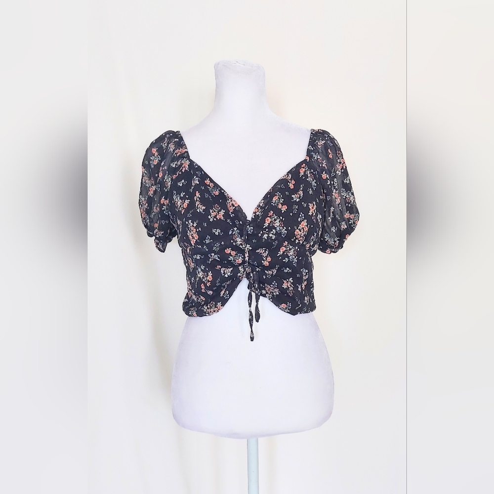 Active USA Puff Sleeve Floral Print Crop Top Size Large